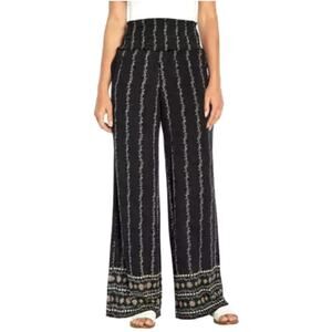 Three Dots Wide Leg Smocked Beach Pants SZ Large Gauze Mixed Dark Floral Stripe